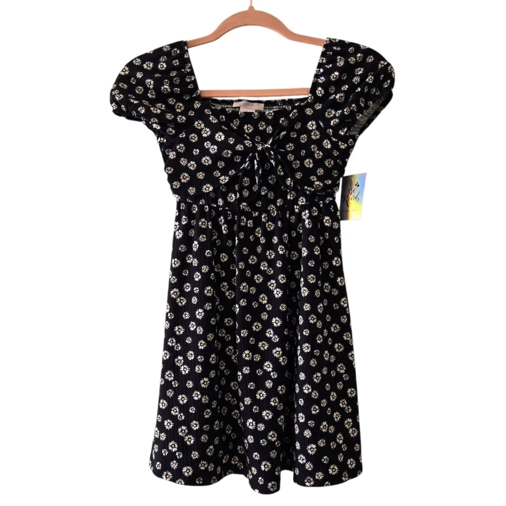 Emma & Elsa Daisy Front Tie Dress Stretchy Knit Smocked Short Sleeve Blue sz 8